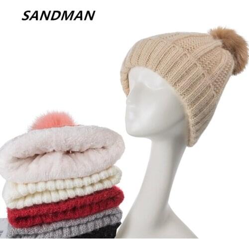 SANDMAN High Quality Solid Add Wool Lining Knitted Winter Hats Women Warm Fur Pompom Cap Skullies & Beanies For Women Girls Hats