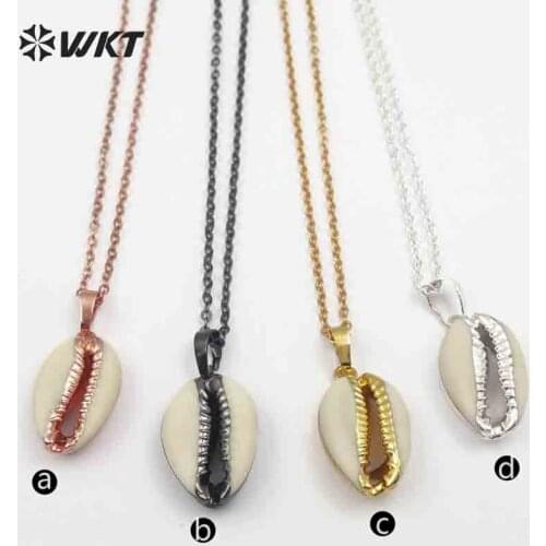 WT-JN045 Natural Raw Cowrie Shell Pendant In Rose Gold, Gun Black, Gold Electroplated Bohe Necklace Best Gift For Women