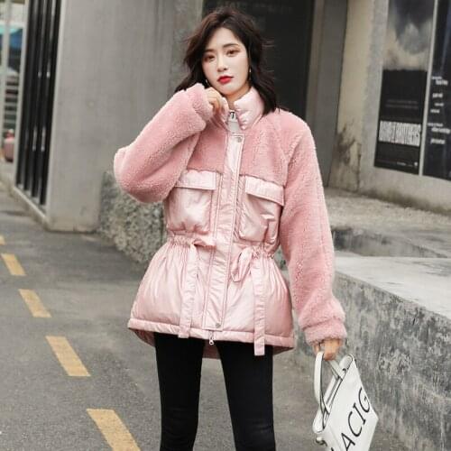 2019 Female Winter Jacket Coat Women Warm Patchwork Lambswool Down Cotton Parka Loose Streetwear Thickness Sash Tie Up Outwear