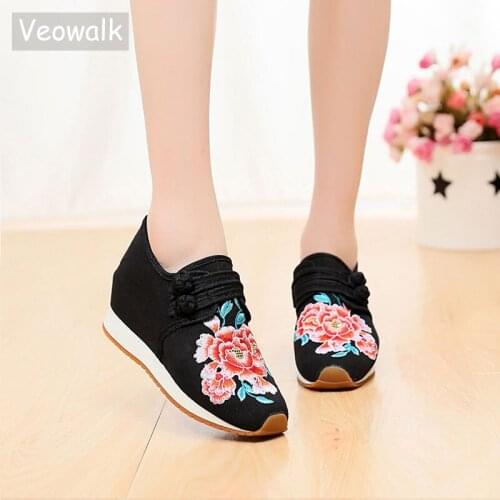 Veowalk Dual Buckle Hidden Platform Women Floral Embroidered Canvas Sneakers Shoes, Ladies Casual Denim Embroidered Creepers