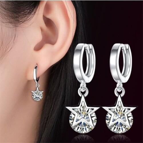 KOFSAC New Trendy 925 Sterling Silver Earrings For Women Wedding Party Exquisite Crystal CZ Star Earring Ear Hoop Jewelry Gifts