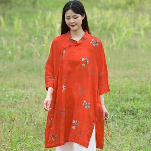 Women Loose Chinese Style Ramie Shirts Female Long Tops Female Retro Plus size Long Blouse Ladies 2020 Summer Shirt