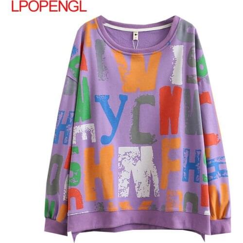 Harajuku Hip Hop Full-body Letter Print Sweatshirt Women 2021 Spring Autumn Plus Size New O Neck Cotton Breathable Hoodie Top