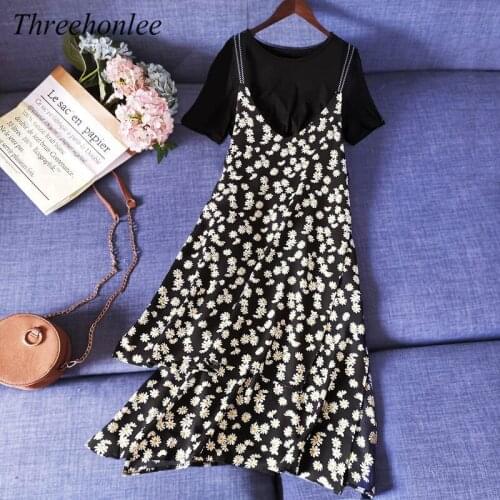 2021 Summer Women Two Piece Sets Cotton T-shirt And Long Strapless Floral Printed Dress Female Fashion Loose Casual Suits