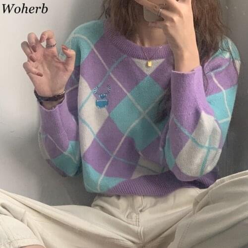 Woherb Women Cute Plaid Sweater 2020 Winter Autumn Korean Chic Knitting Jumper Female Pullover Casual Streetwear Sueter Mujer
