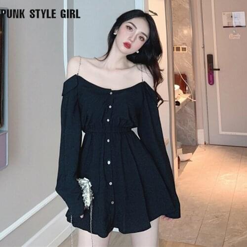 Gothic Off Shoulder Dress Punk Emo Alt E Girls Sexy High Waist Sling Jurken Spring Summer 2021 Women Long Sleeve Mini Dresses