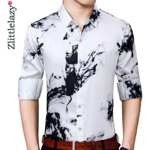 2021 Brand Long Sleeve Men Social Shirt Streetwear Casual Splash Ink Shirts Dress Mens Slim Regular Fit Clothes Fashions 90308