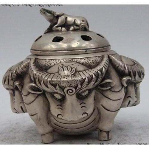 5" Chinese Buddhism White Copper Silver Gilt Bull Wild Ox Incense Burner Censer