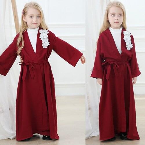 Muslim Girls Kids Children Abaya Appliques Open Kimono Cardigan Arab Maxi Robe Gown Middle East Loose Turkish Dubai Kaftan New
