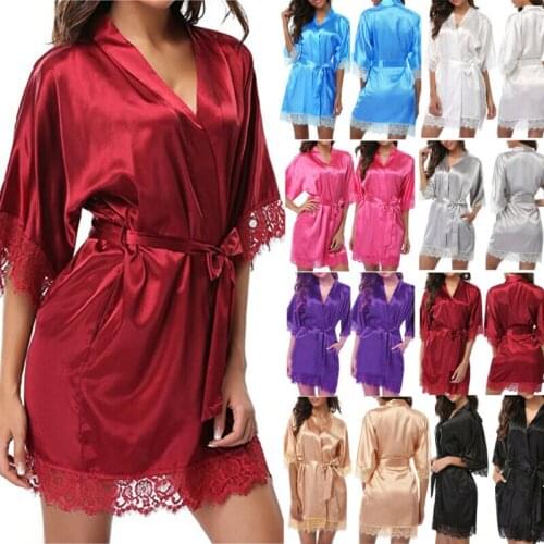 Hot Sale Solid Lace V-neck Sexy Womens Silk Satin Robe Sleepwear Lingerie Dress Kimono Bathrobe Sleepwear Sexy Nightwear