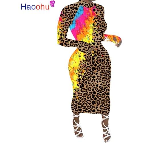 HAOOHU Women Graffiti Leopard Print Long Sleeve Bodycon Midi Maxi Dress Sexy Night Party Bandage Pencil Long Dresses Vestidos