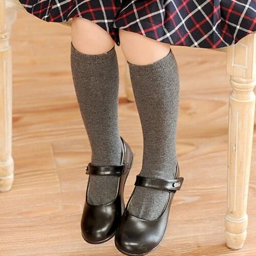 Cotton Knee High Socks For Kids Girl Cute Solid Color No Cartoon Long Socks Children Winter Boot Socks Striped Black Gray Color