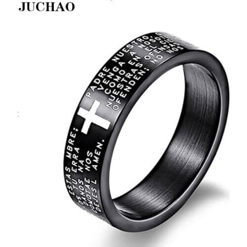 JUCHAO Classic Men Titanium Steel Bible Verse Cross Jesus Ring