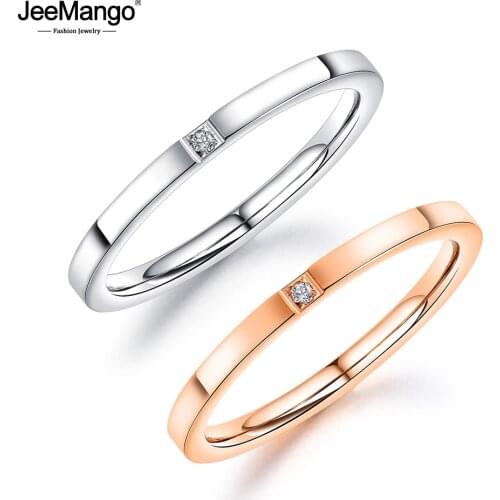 JeeMango Stainless Steel 2mm White Cubic Zirconia Stone Rings Jewelry For Women Trendy Office Rose Gold Finger Rings JR19163