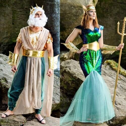 Halloween Costume for Women Men Adult Mermaid Cosplay Couple Anime Tail Fancy Dress Stage Performance Clothing Carnival Party