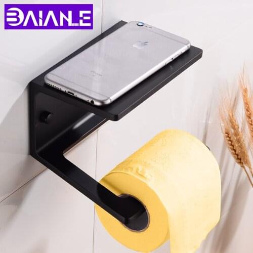 Creative Toilet Paper Holder with Shelf Aluminum Bathroom Roll Paper Holder Black Tissue Paper Towel Holder Rack Wall Mounted
