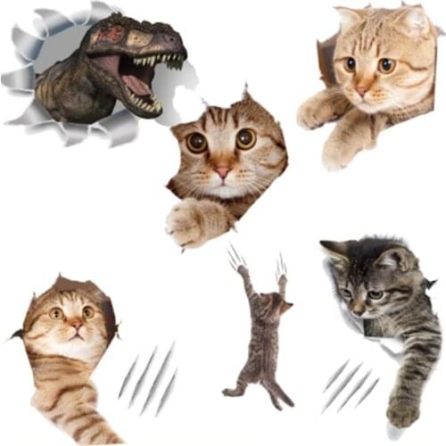 3D hole kitten wall stickers cartoon wallpaper bathroom toilet refrigerator living room door self adhesive wallpapers decoration