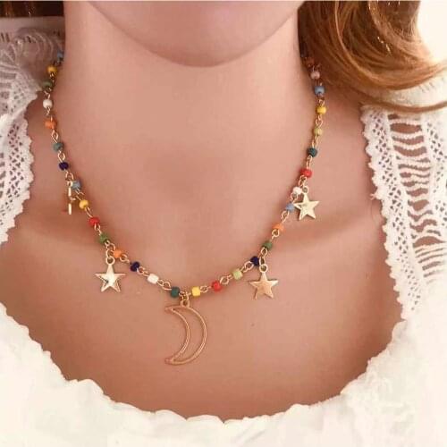 European and American fashion classic jewelry simple personality Star color rice bead Moon Pendant Necklace female