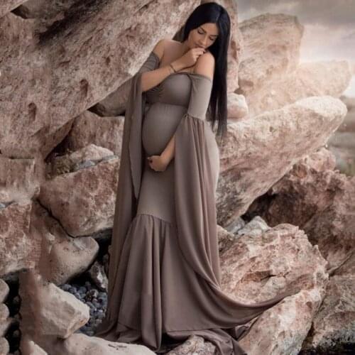 Maternity Off Shoulder Dress Baby Shower Stretchy Cotton+Chiffon Pregnancy Sexy Photo Photography Train Mermaid Props Clothes