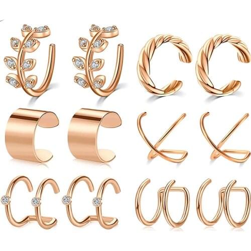 Ear Cuffs Clips on Cartilage Earring Non Piercing Helix Earrings Wrap Set for Women Men Size Adjustable Rose Gold Tone