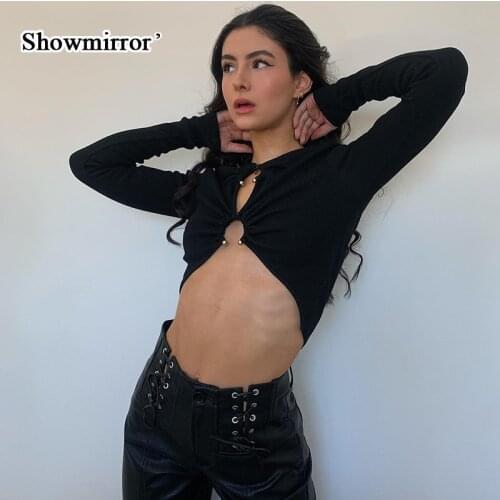 Showmirror G Autumn Casual Basic Black Crop Top T Shirt Fashion Long Sleeve T-shirts Women Button Up Sexy Tee Shirt Femme