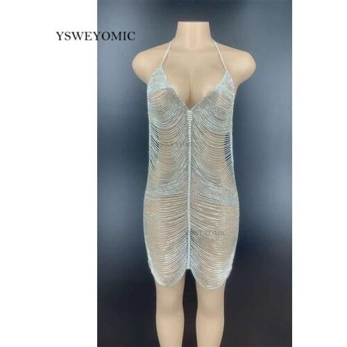 Sexy Dress Flashing Silver Rhinestone Chains Backless Short Dress Women Dancer Hollow Outfit Prom Birthday Celebrate Dress