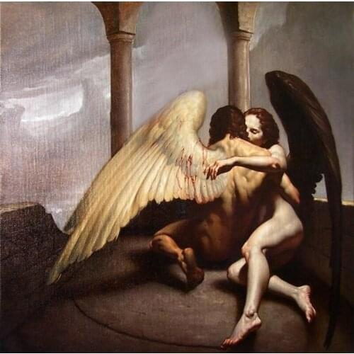 Old artist hand painted the original oil painting "artistic portrait of naked Angel passionately embracing the body" on canvas