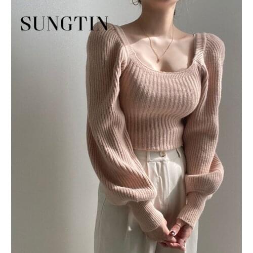 Sungtin Square Collar Puff Sleeve Knitted Pullover Women Ribbed Lantern Sleeve Sweater Vintage Loose Sexy Jumper Mujer Korean