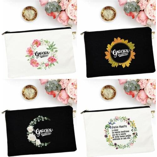 Gracias Maestro Fashion Flower Print Cosmetic Bags Reusable Canvas Makeup Purse teacher Cute Organizer Bag Pouch Travel Bag