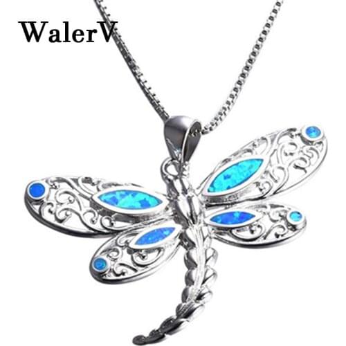 WalerV Fashion Popular Dragonfly Shape Imitation Blue Fire Opal Stone for Women Girl Set Wedding Jewelry Necklace Pendant Gift