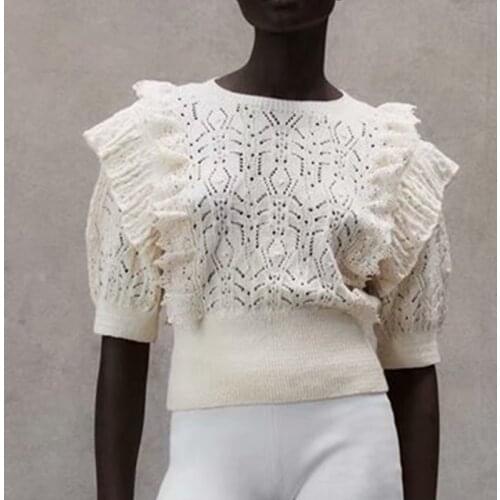 ZA Summer Hollow Out Knitted Sweater Women 2021 New Arrival Ruffles O-neck Loose Half Sleeve Pullovers Knitting Jumper