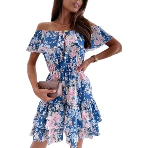 Womens New Products 2021 Summer Good Quality Hot Sale Fashion Off Shoulder Printed Ruffle Short Sleeve Dress