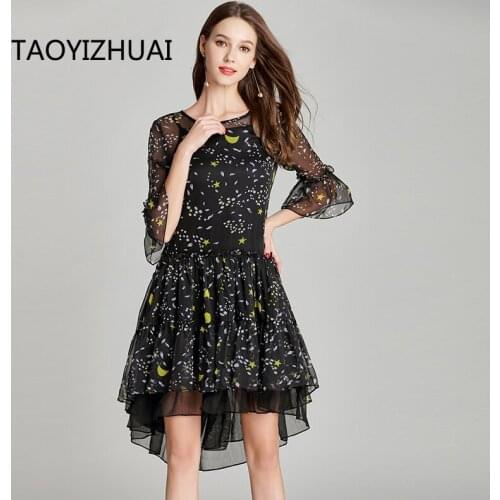 TAOYIZHUAI summer plus size casual chiffon dress ruffles flare asymmetrial above knee three quarter sleeves lady dress 11676