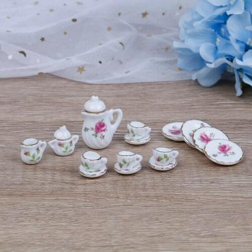 15PCS 1/12 Pink Flower Patten Porcelain Coffee Tea Cups Ceramic Tableware Dollhouse Kitchen Accessories Miniature doll house