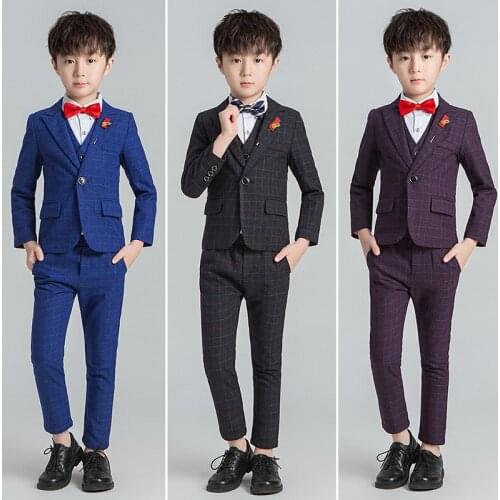 Toddler Boys Clothing Sets Autumn Winter New Kids Formal Suits Plaid Blazer Pants Vest Tie Shirt Brooch 6 Pcs Boys Dress Suit