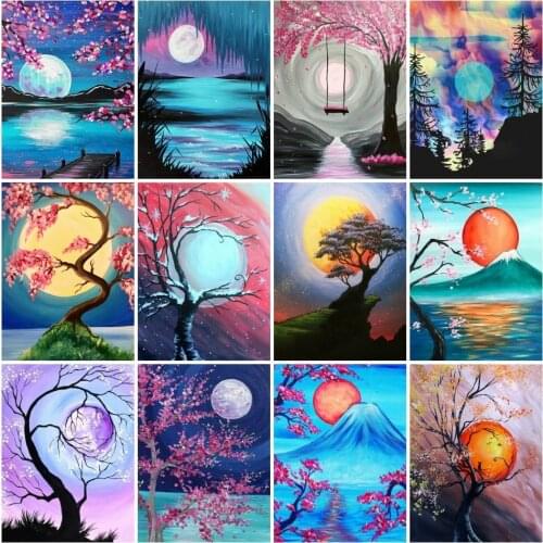 AZQSD Diamond Painting Moon Full Square Drill Diamond Embroidery Tree Landscape Cross Stitch Rhinestone Mosaic Home Decoration