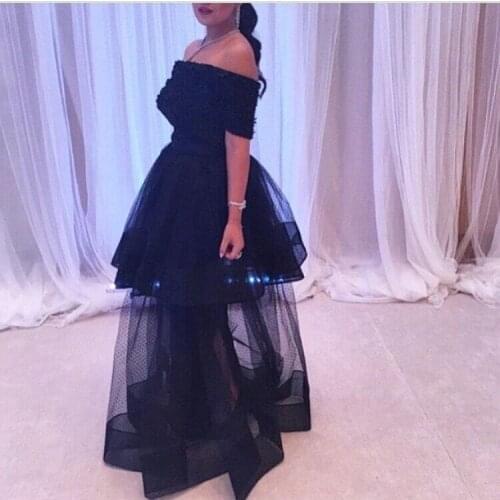 Платья Arabian Design Black Off Shoulder boat neck Short Sleeve Sheer tiered Floor Length party Prom gown Quinceanera Dresses