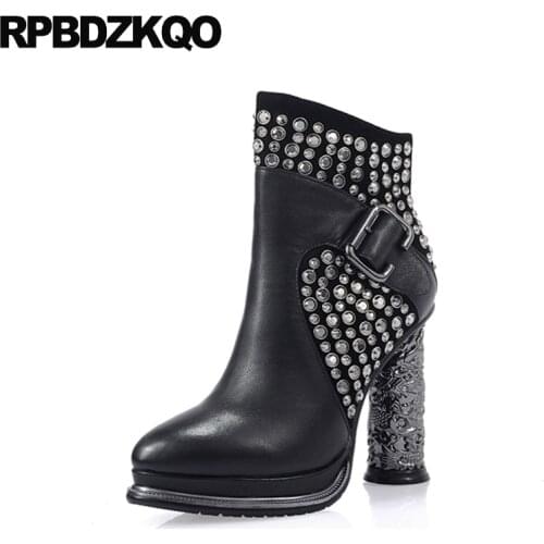 Black Rivet Chunky Fall Pointed Toe Luxury Brand Shoes Women Strange Genuine Leather High Heel Metal 2021 Short Ankle Booties