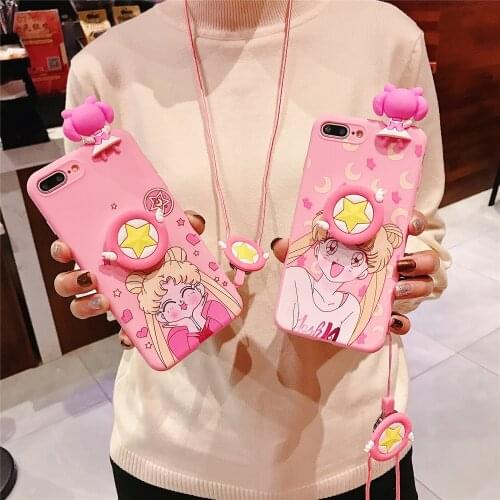 Funny Pink Sailor Moon TPU Soft Phone Strap Rope Case For Samsung A6 A7 A8 A9 J4 J6 J8 Plus A30s A51 A71 A50 A20 A30 Case