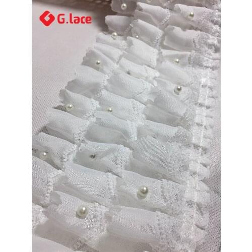 GLace 5Y/Llot Nail bead LACE 9cm wide white mesh lace 3 layers of lace wedding dress decoration clothes collar accessory GL014