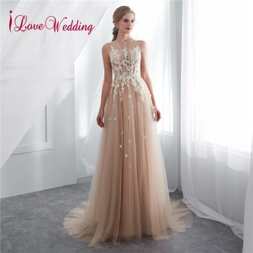 ILoveWedding New Arrival A Line Elegant Long Evening Dress Champagne Tulle Lace Evening Gowns