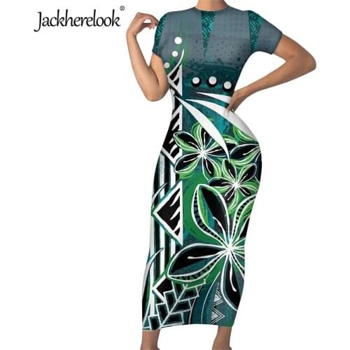 Jackherelook Elegant Womens Bodycon Party Dress Samoan Polynesian Frangipani Print Short Sleeve Midi Pencil Dresses Vestidos