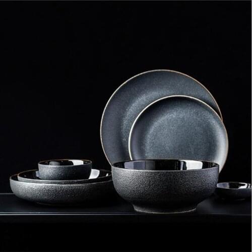 KINGLANG European Black Phnom Penh ceramic tableware set creative bowl salad bowl soup plate Western steak plate
