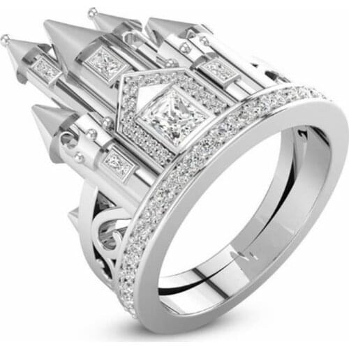 White Color Fantasy Castle Design Ring For Girl Princess Dream Jewelry Finger Accessories Wedding Engagement Birthday Gifts