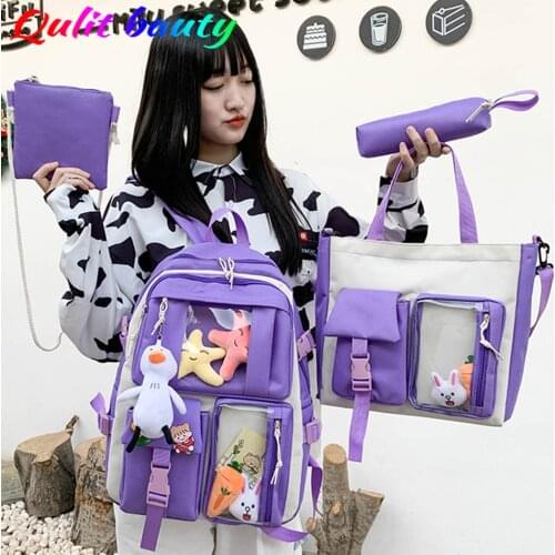 4 Piece Set of High Quality Solid Color Womens Backpack Transparent Waterproof Nylon School Bag for School Teenagers Girls Sac