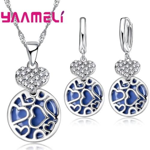 925 Sterling Silver For Women Jewelry Set Necklace Earrings Deep Blue Heart Shape Valentines Day Present Wedding