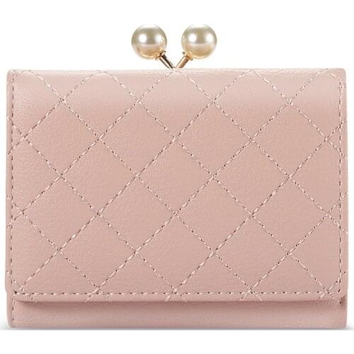 Womens Short Wallet Fashion Pearl Clip Female Wallet Rust Line Multi-Card Holder Purse Girls Lovely Small Clutch Bag