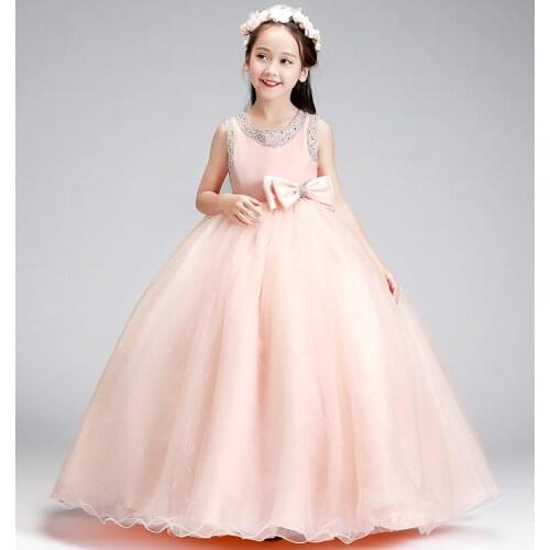Flower Girl Birthday Banquet Sleeveless Sequin Bead Lace Dress Elegant Girls Wedding Long Pink Tulle Dress First Communion Gown