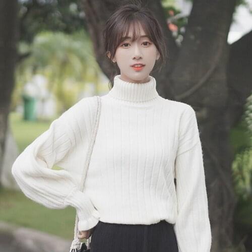 Lovkup New autumn / winter 2020 solid color Pullover turtleneck sweater womens Lantern Sleeve knitted bottoming top