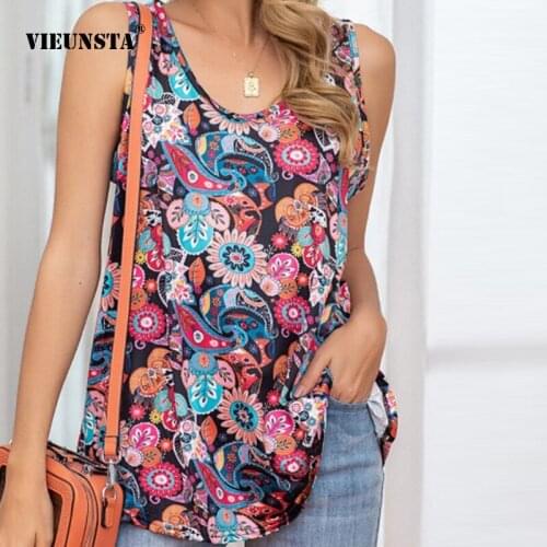 Fashion Women Sleeveless Florals Printed T-shirt Tops New Summer 2021 O-neck Pullover Ladies Tops Casual Loose Beach Vest Tops